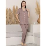 Limissi Çizgili Önden Düğmeli M-XXL Yetişkin Pijama Takımı - Kahverengi
