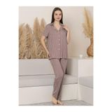 Limissi Çizgili Önden Düğmeli Pijama Takımı, 44, 22D64565025S1, Açık Kahverengi, kadın