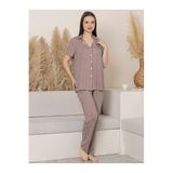 Limissi Çizgili Önden Düğmeli Pijama Takımı, M, 22D64565025S1, Açık Kahverengi, kadın