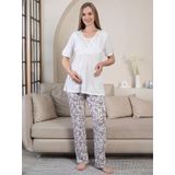 Limissi V Yaka Çiçek Biyeli M-XXL Yetişkin Pijama Takımı - Beyaz