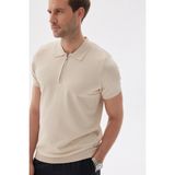 Lımıted Erkek Düz Fermuarlı Polo Yaka Rayon Triko Tişört Bej - 2XL