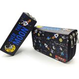 Limmy Astronot Moon Galaksi Kalem Kutusu Kawai Organizer Kalemkutu Vegan Deri Üç Bölmeli Kalemlik Siyah