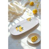 Limon Desen El Yapımı Organik Kayık Tabak 36 cm - Sarı - Beyaz