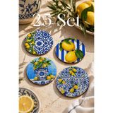 Limon Desenli Bardak Altlığı 25 Set - Toplam 100 Adet, 9 cm 3 mm MDF UV Baskı Sicilya Temalı Dekoratif Yuvarlak Ahşap Bardak Altlığı