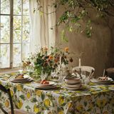 Limon Desenli Keten Masa Örtüsü Dertsiz Kumaş - 130 x 130 cm - Çok Renkli