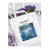Limon Monet - Zambaklar Baskılı Beyaz Kalın Su Geçirmez Kanvas Omuz Çantası Tote Bag
