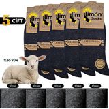 Limon Socks Kışlık Lambswool Yün Çorabı (5 Çift) Kadın ve Erkekler Için Termal Özellikli Kalın Çorap - 40 - 44 - Siyah