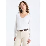 Limon V Yaka Slim Fit Düz Ekru Kazak Kadın ML5WL-KZK9009