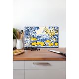 Limonlar ve Mavi Çiçekler Cam Kesme Tahtası , Silikon Ayaklı, Kırılmaya Dayanıklı, Sunum Tablası - 23 x 35 cm