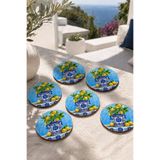 Limonlu Biblo Motifli Bardak Altlığı 6'lı Set – Sicilya Temalı - 9 cm, 3 mm MDF, UV Baskı, Dekoratif Bardak Altlık, Ahşap, Yuvarlak