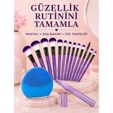 Lims Store Kadın Güzellik Seti 12’li Mor Makyaj Fırçası Kaş Düzeltici ve Silikon Yüz Temizleme Cihazı Cilt Bakım Seti