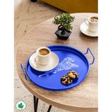 Lin Metal 24 cm Kulplu Metal Tepsi Yuvarlak Çay Tepsisi Sunum Tepsisi Metal Kulplu Kahve Tepsisi (Kaplan Baskılı) - Mavi
