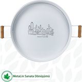 Lin Metal Ahşap Kulplu Yuvarlak Metal Servis Tepsisi 37CM, Kahve Tepsisi, Sunum Tepsisi (Kaktüs Baskılı) - Beyaz