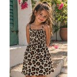 Lina Baby Bloomm Kız Çocuk Leopar Desenli Askılı Elbise Büzgülü Yazlık Elbise - 2 Yaş - Kahverengi