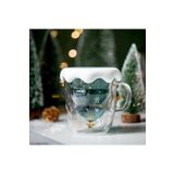Linan Ware Çift Camlı Cidarlı Cam Bardak, Çam Ağacı Tasarımlı Kapaklı Kupa 250 ml