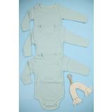 Lindakids Fitilli Kumaş %100 Pamuk Uzun Kollu Çıtçıtlı 3'lü Yeşil Bebek Body/Zıbın