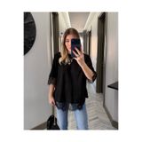 LİNDALİNA TEKSTİL Kadın Oversize Bisiklet Yaka Dantel Detaylı T-Shirt