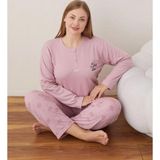 Lindros Kadın Pamuklu Düğme Yaka Raporlu İnterlok Battal Pijama Takımı 05111 - 1 Adet Gül Kurusu-5XL