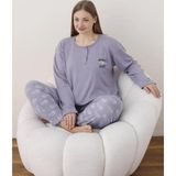 Lindros Kadın Pamuklu Düğme Yaka Raporlu İnterlok Battal Pijama Takımı 05114 - 1 Adet Lila-4XL