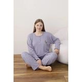 Lindros Kadın Pamuk'lu Düğme Yaka Raporlu Interlok Kışlık Battal Pijama Takımı 05113 - 1 Adet - Lila - 4XL