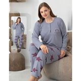 Lindros Kadın Pamuk'lu Düğme Yaka Raporlu Interlok Kışlık Battal Pijama Takımı 05144 - 1 Adet - Gri - 3XL