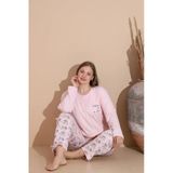 Lindros Kadın Pamuk'lu Düğme Yaka Raporlu İnterlok Kışlık Battal Pijama Takımı 05150P - 1 Adet 2Xl Pembe