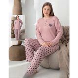 Lindros Kadın Pamuk'lu Düğme Yaka Raporlu Interlok Kışlık Battal Pijama Takımı 05152 - 1 Adet - Gül Kurusu - 5XL