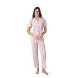 lindros Kadın Pijama Takımı, Toz Pembe, Yumurta Desenli,%100 Pamuk, Gömlek Yaka, Kısa Kol (L)