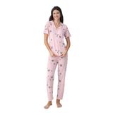 Lindros Kadın Pijama Takımı, Toz Pembe,Yıldız Desenli, Gömlek Yaka, Kısa Kol,%100 Pamuk (XL)