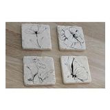 Line Art Çiçek ve Kelebek Doğal Taş Bardak Altlığı 4'lü set - Natural Stone Coasters