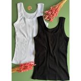 Linea, 2’li Siyah ve Beyaz Renk, Ribanalı Kalın Askılı, Pamuklu Kadın Bluz-Atlet - 2XL - Beyaz - Siyah