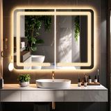 Linea Günışığı Led'li Lazer Kumlamalı Lavabo & Banyo Aynası (Dokunmatik Sensörlü) - Gün Işığı Ledli - 70 x 45
