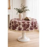 linea natura home Bordo Yuvarlak Duck Kumaş Fransız Köylü Desenli Püsküllü Masa Örtüsü Vintage Bohem Salon ve Mutfak