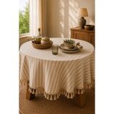 linea natura home Çizgili Keten Püsküllü Yuvarlak Masa Örtüsü Natural - Vintage Bohem Country Salon Mutfak Masa Örtüsü