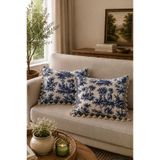 linea natura home Duck Kumaş Fransız Köylüler Desenli Dekoratif Püsküllü Kırlent Kılıfı - 2'li Çeyiz Seti