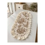 linea natura home Kahve Fransız Köylü Desenli Fırfırlı Oval Runner Keten Toile De Jouy Masa Örtüsü
