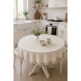 linea natura home Keten Püsküllü Yuvarlak Masa Örtüsü Sade Natural - Vintage Bohem Country Salon Mutfak Masa Örtüsü
