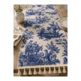 linea natura home Lacivert Fransız Köylü Desenli Duck Kumaş Runner Ucu Püsküllü Vintage Country Dekoratif Masa Örtüsü