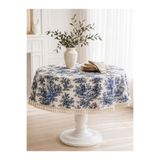linea natura home Lacivert Yuvarlak Duck Kumaş Fransız Köylü Desenli Püsküllü Masa Örtüsü Vintage Bohem Salon ve Mutfak