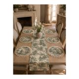 linea natura home Runner Duck Kumaş ve 6’lı Supla Amerikan Servis Seti - Bohem Vintage Fransız Köylü Desenli Yuvarlak Masa Dekoru - 7 Parça Çeyiz Seti