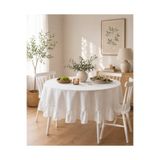 linea natura home Vintage Yuvarlak Beyaz Keten Fırfırlı Masa Örtüsu