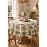 linea natura home Yeşil Duck Kumaş Fransız Köylü Desenli Yuvarlak Fırfırlı Masa Örtüsü
