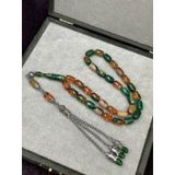 LineaCraft Alpaka Yeşil Damla Uçlu Turuncu-Yeşil-Krem Tonları Sıkma Kehribar Tesbih (7x11 mm) OT-SKM-KHRBR-032-B1