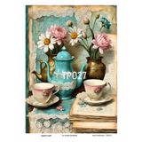 LİNEART Vintage Çaydanlık Fincan Çiçek Deseni Tpo Serisi Pirinc Dekopaj Kagıdı 29x42cm No:27