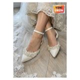 LİNEER Kadın Kırık Beyaz 3.5 Cm Topuklu Kristal Boncuk Taşlı Abiye Babet Gelin Ayakkabısı