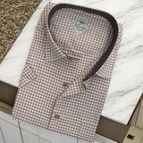 Linen Keten Klasik Kısa Kollu Kahverengi Çizgili Erkek Gömlek (Regular Kalıp)