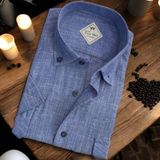 Linen Keten Klasik Kısa Kollu Mavi Çift Cepli Erkek Gömlek (Regular Kalıp) - 4XL