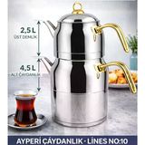 Lines Ayperi L-3040 Mega Boy Çaydanlık No:10 Paslanmaz Çelik Büyük Boy Çaydanlık Takımı 2.5 L + 4.5 L Gold Saplı