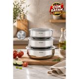 Lines Silver Çelik 6 Parça Saklama Kabı Paslanmaz Çelik Saklama Kabı 3'lü Set – Vakum Etkili Kapaklı, Çok Amaçlı Gıda Saklama Kabı