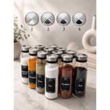 Lingo Home 12 Adet Lidi Paslanmaz Metal Kapaklı Tuzluk&baharatlık 250CC 16*5 cm Cam - 4 Farklı Ağız - Etiket Hediyeli - Şeffaf - Gümüş